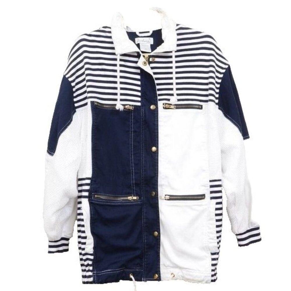 90s Tara Vanessa Paris Nautical Stripe Cotton Jacket Navy Blue Hooded SIZE SM